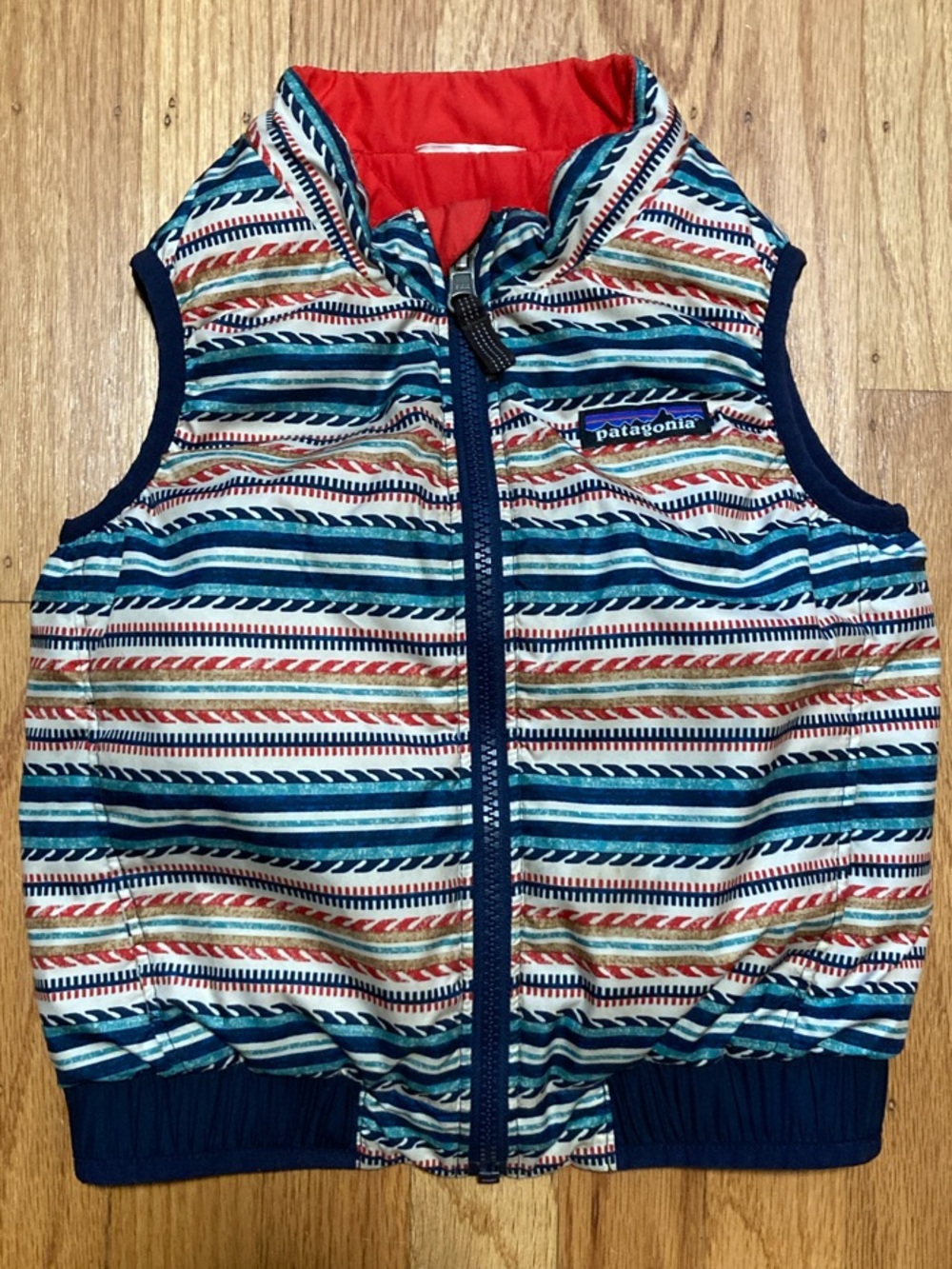 Patagonia Kids 3T Striped Reversible Puffer Vest in Navy, Teal, Red